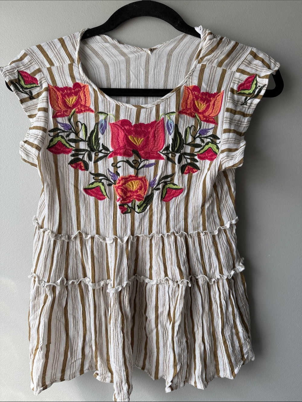 THML Cream tan Striped Blouse with Pink & Orange Floral Embroidery small